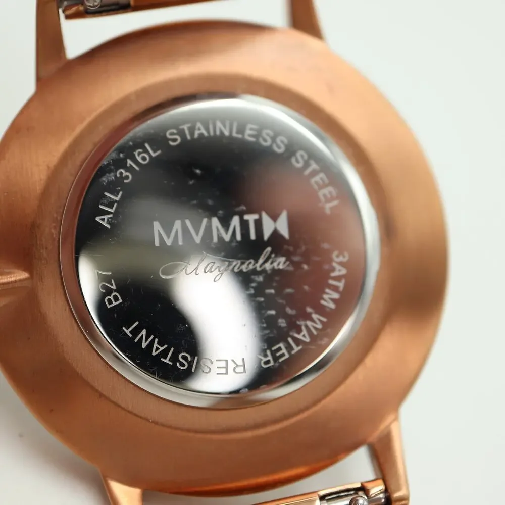 MVMT Magnolia Boulevard Rose Gold Tone Black 38mm Watch Mesh Steel w New Battery